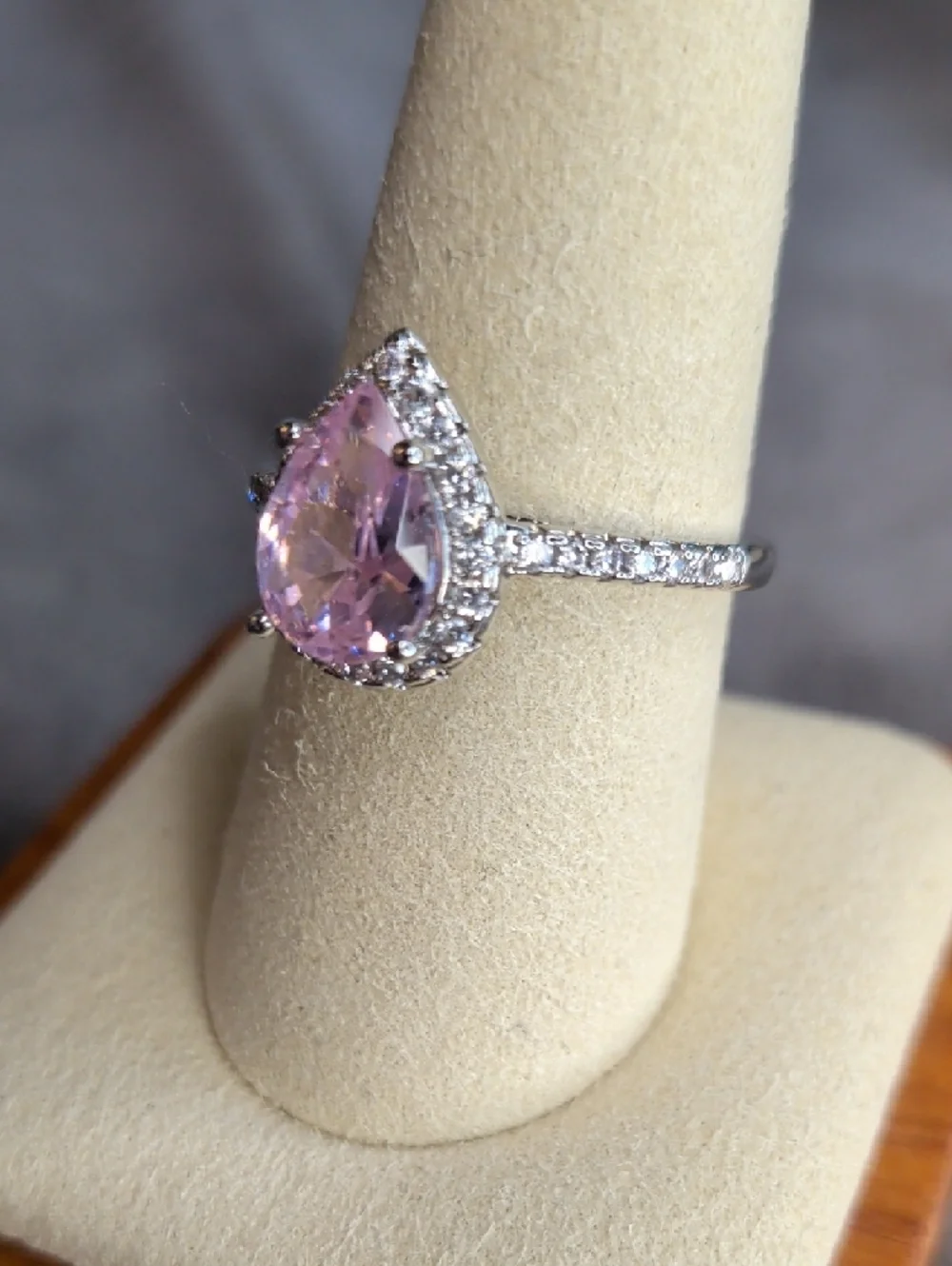Halo Pink Pear-Cut Crystal Ring With WG